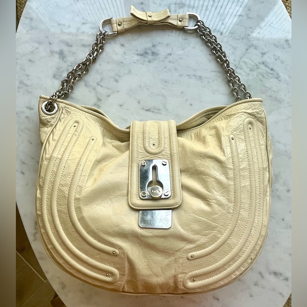 Luella England Leather Hobo Bag w/Chain Strap, toggle hardware, Beige, L, EUC